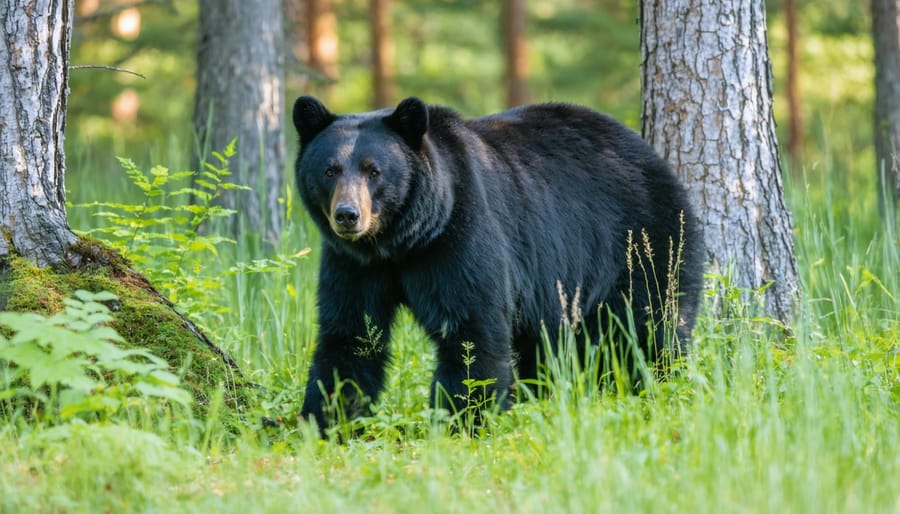 Adult black bear foraging in an Ontario forest, demonstrating typical wildlife viewing scenario