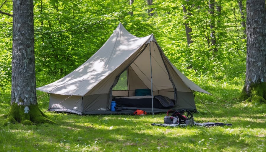 Four-season tent and tarp shelter setup in a forested Ontario campsite
