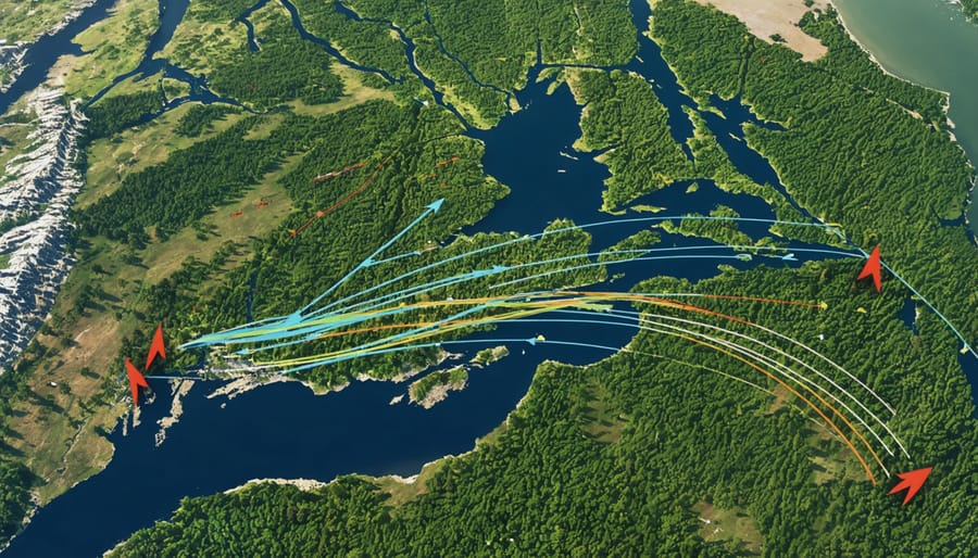 A conceptual map of Ontario with multiple marked provincial parks, flight paths depicted overhead, and background imagery of vibrant green forests and fall foliage, symbolizing the journey of booking flights for a provincial park adventure.