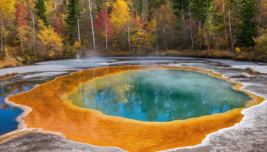 Steaming natural hot spring pool nestled among colorful fall foliage