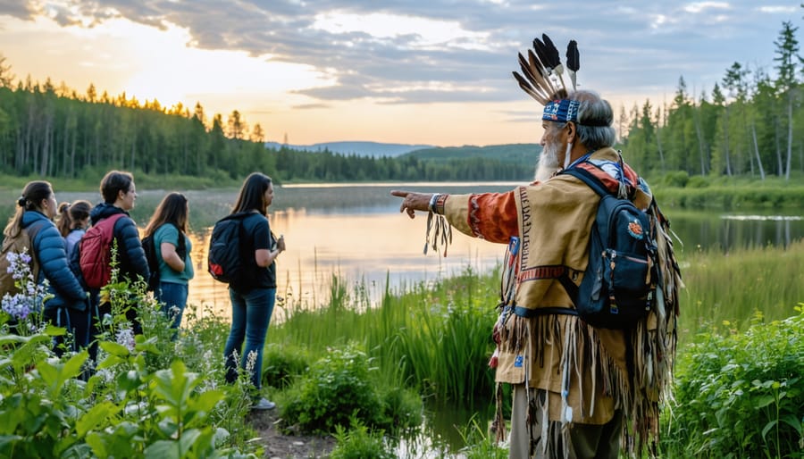 Indigenous elder in traditional attire guiding visitors at dawn in an Ontario park, with sacred sites and native plants in the background.