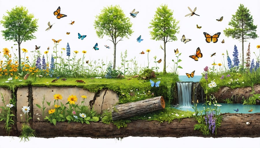Conceptual illustration of insect habitats in Ontario, showing a cross-section of a forest floor with a decomposing log, a meadow with wildflowers, a wetland with dragonflies, and a tree canopy with various insects, demonstrating the diversity and connection of these ecosystems.
