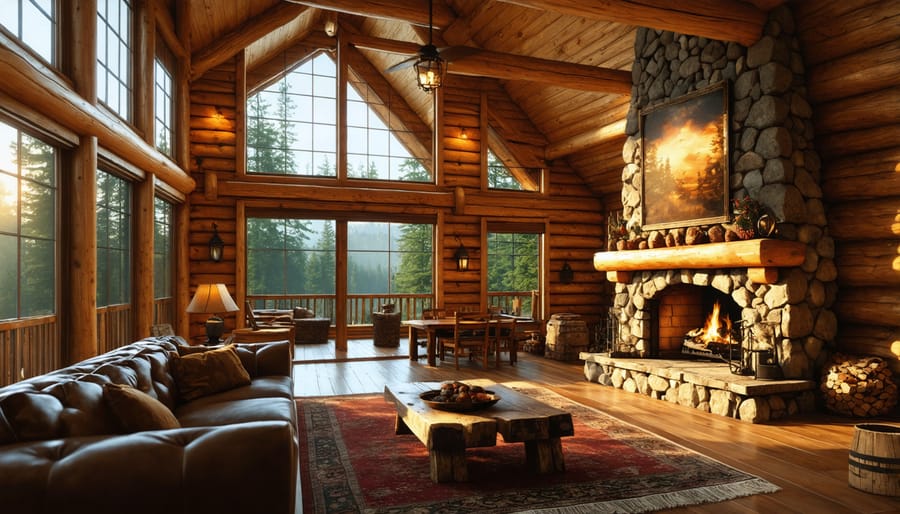 Cozy lodge bedroom interior with rustic decor and panoramic nature views