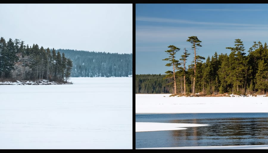 Contrasting images of Algonquin Park in peak summer and off-season winter