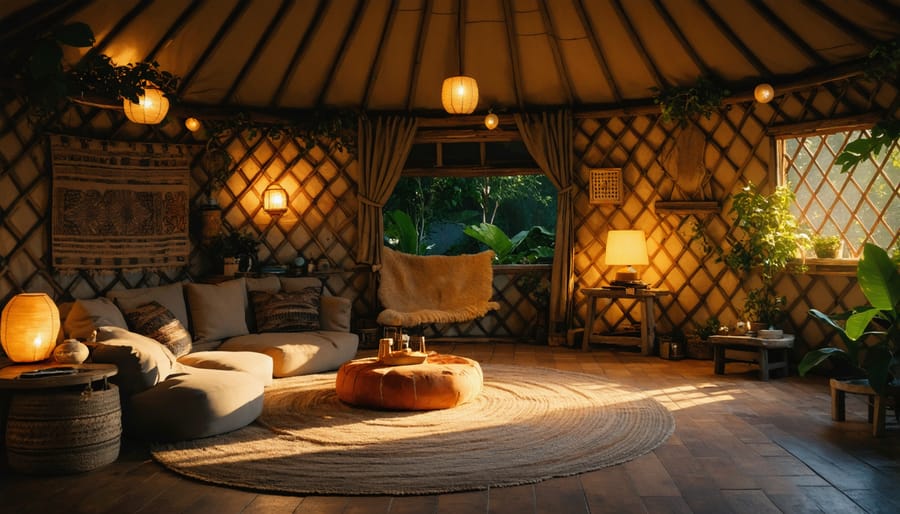 Warm interior of an Ontario Parks yurt with sustainable amenities and LED lighting