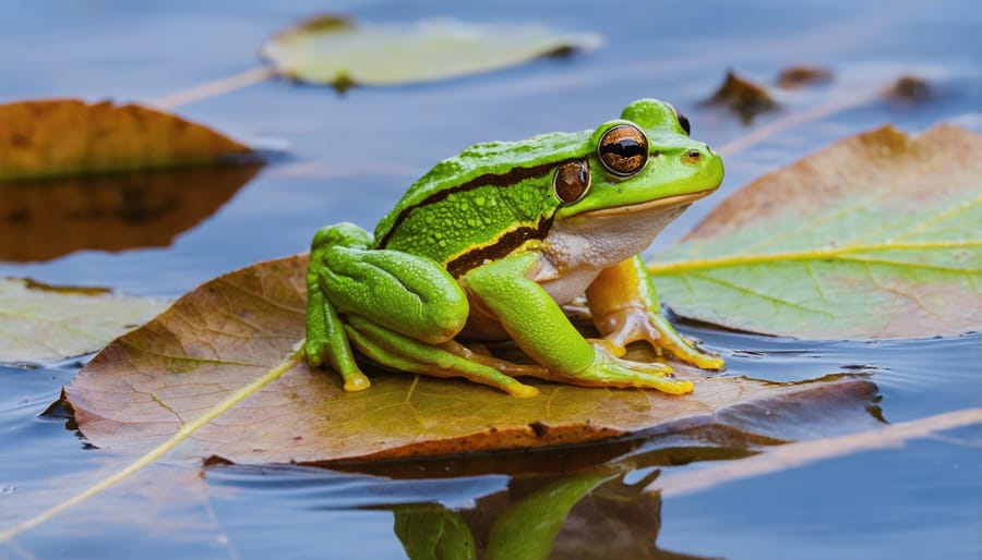 Close-up of a small spring peeper frog with distinctive X pattern on its back