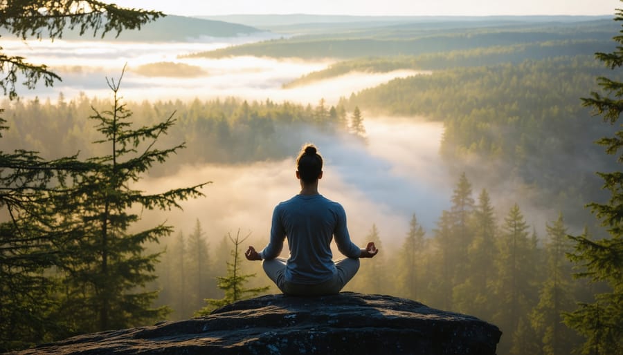 Silhouette of meditation practitioner against golden sunrise in Ontario wilderness