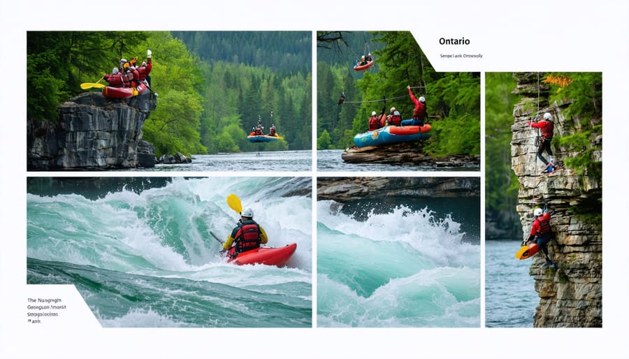 A vibrant collage illustrating various outdoor adventures in Ontario, including white water rafting, kayaking, rock climbing, and zip-lining, showcasing the province's rich and diverse natural playground.