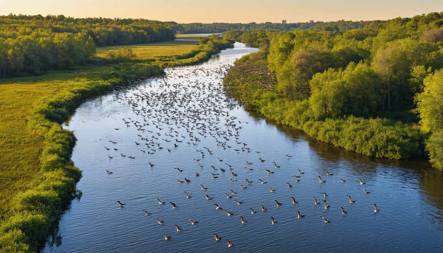 Birds-eye view of Canadian geese gathering on Ontario lakes and rivers