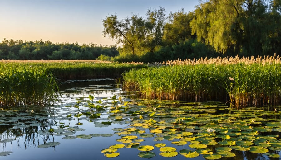 Ontario marsh landscape at sunset showing typical amphibian habitat with water plants