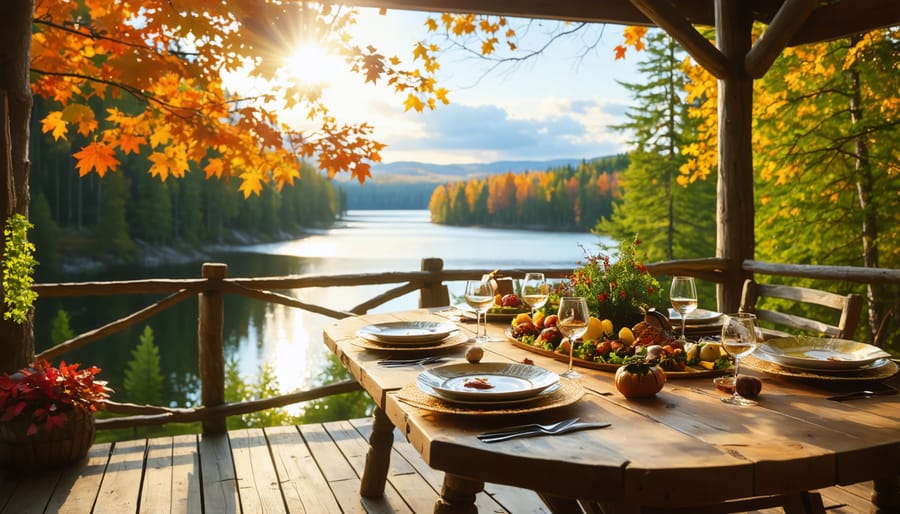Outdoor dining terrace in Ontario surrounded by colorful autumn foliage, showcasing a rustic wooden table with local dishes, set against the backdrop of a tranquil lake at sunset.