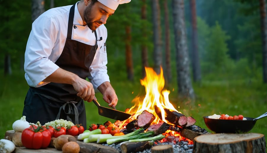 A chef preparing a gourmet outdoor meal with vibrant vegetables and meats over a campfire, set in the natural beauty of Ontario's wilderness with tall trees and clear skies.