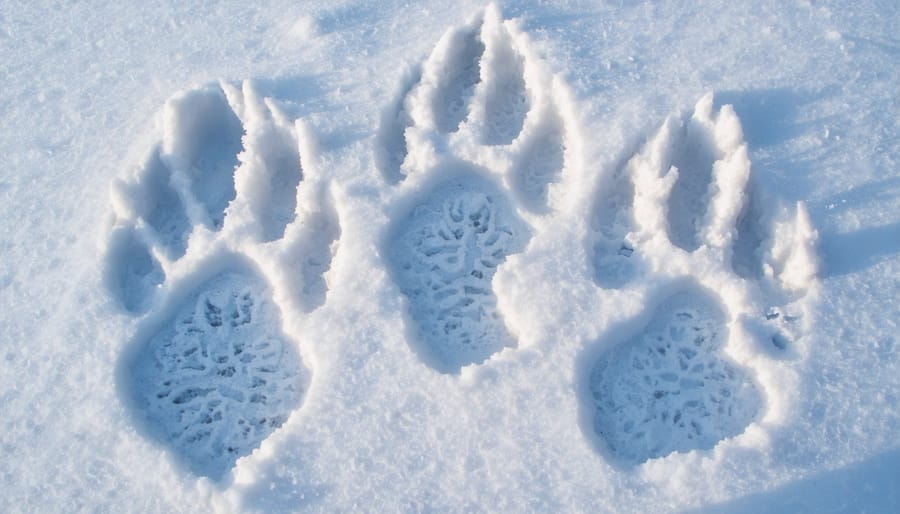 A winter scene in Ontario with various animal tracks, including rabbit hops, wolf paw prints, and moose hoof marks in the snow, illuminated by soft morning light.