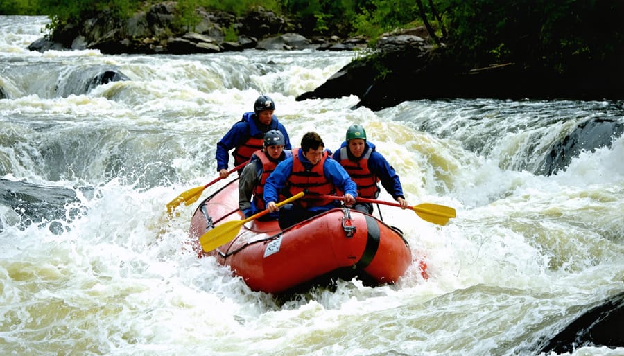 Group of adventure seekers battling class III rapids in a raft on the Ottawa River