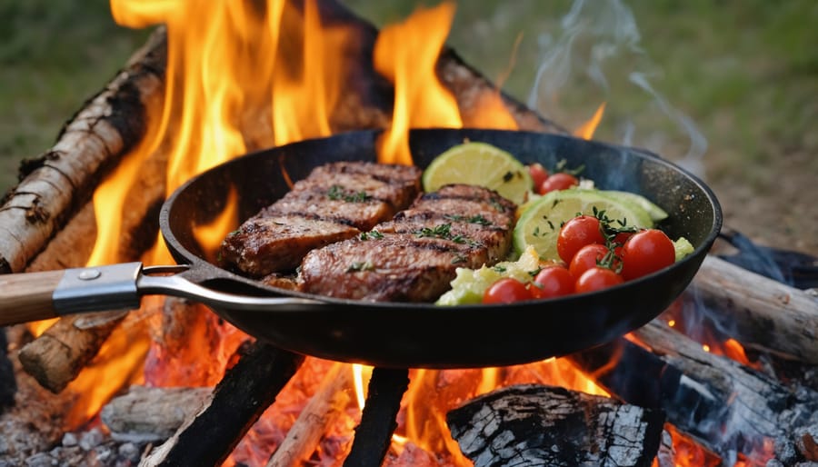 Chef preparing locally-sourced outdoor meal with vegetables and meat over campfire