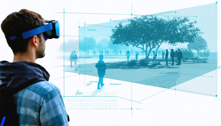 Park visitor holding smartphone displaying AR overlay of park information