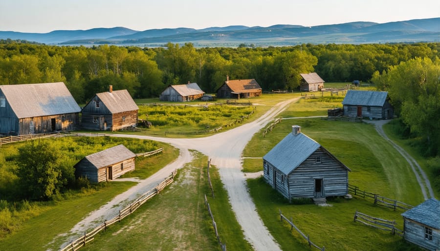 Panoramic view of historical settlement showing authentic buildings, gardens, and walking paths