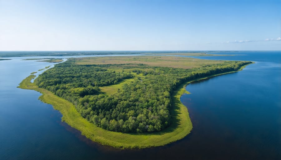 Bird's eye view of Point Pelee National Park shoreline and wetlands