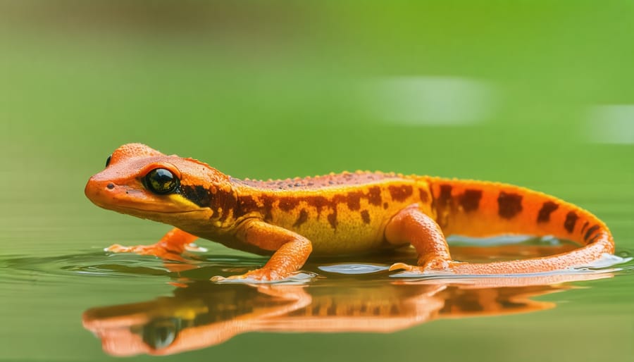 Bright orange-red spotted newt swimming underwater with visible external gills
