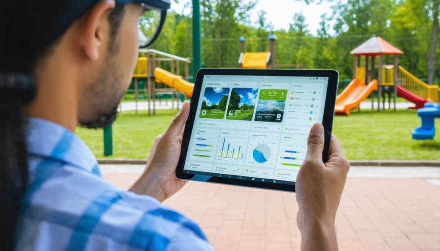 RV park staff monitoring digital management system on tablet device