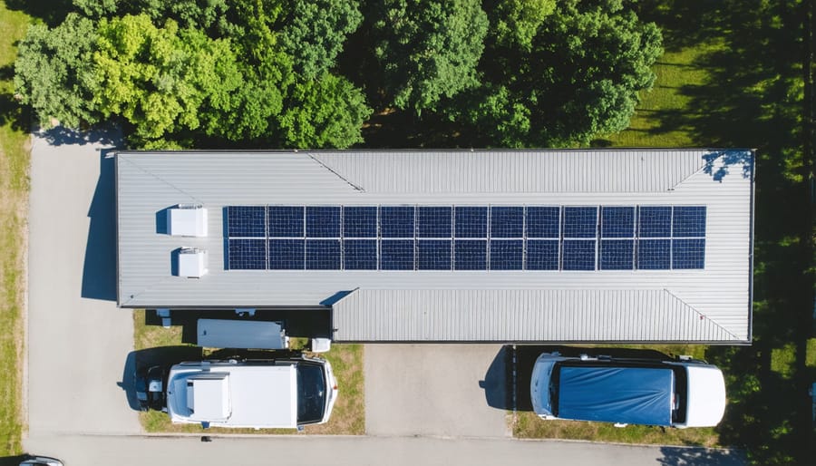 Bird's eye view of RV park with solar panels integrated throughout the facility