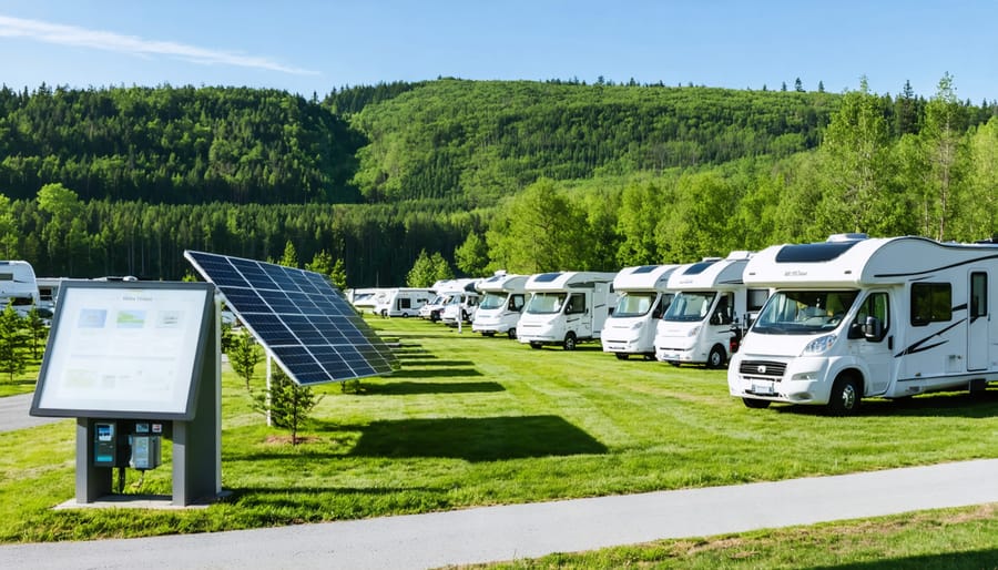"A modern RV park in Ontario with lush green surroundings and advanced technology features such as a digital check-in kiosk, solar panels on buildings, RVs connected to high-speed internet, and smart LED path lighting."