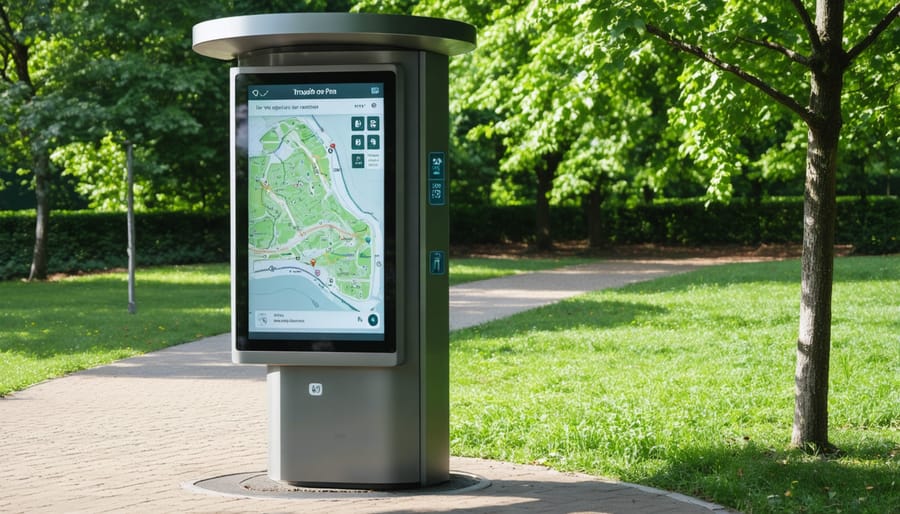 Interactive digital information kiosk showing park trails and visitor information