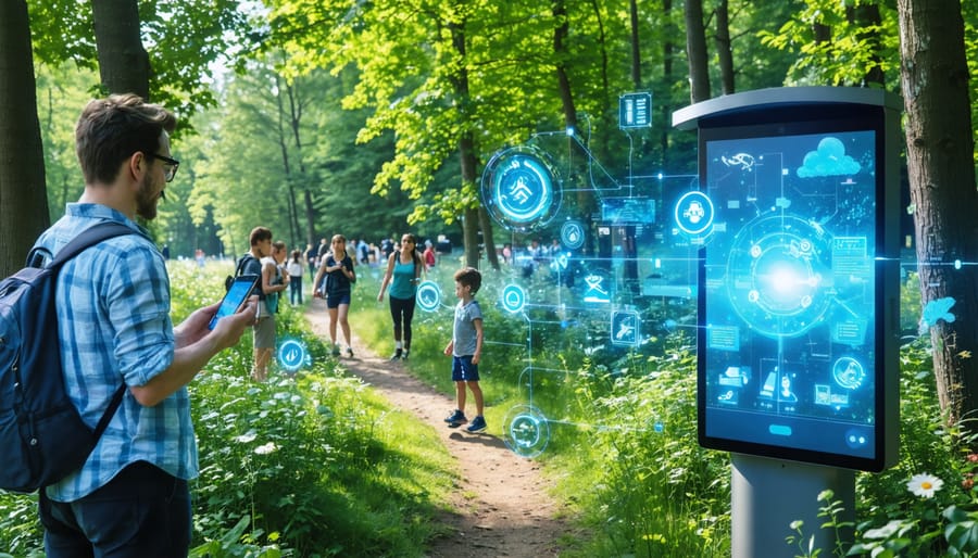 Visitors in an Ontario park using smartphones to navigate trails and interact with digital kiosks and augmented reality features, illustrating the integration of smart technology into a natural outdoor environment.