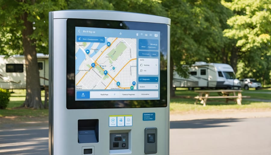 Digital self-service kiosk at RV park entrance with interactive map display