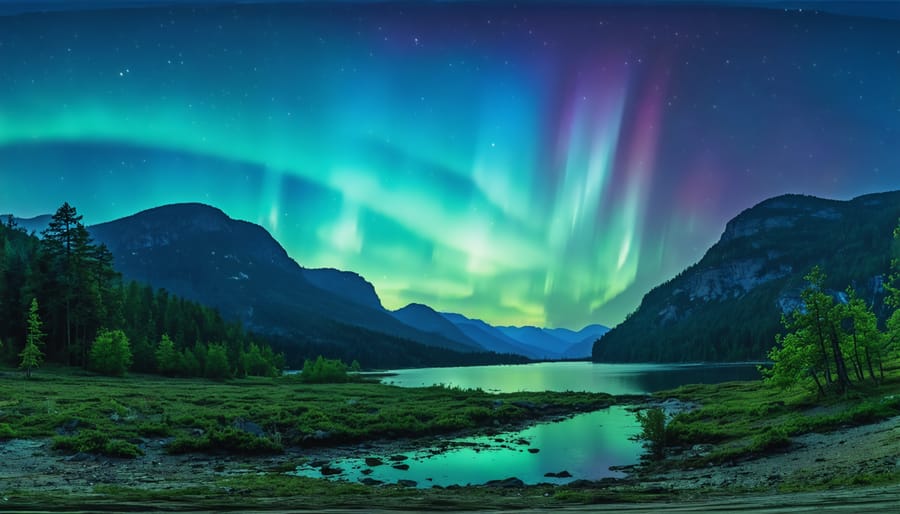 Vivid northern lights dancing over Killarney's white quartzite hills reflected in still lake waters