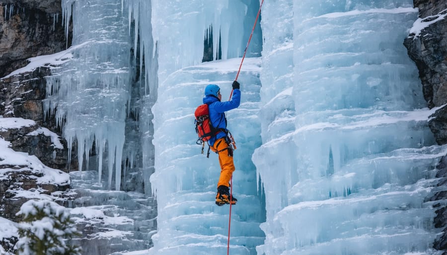 Ice climber using ice axes and crampons to scale a blue-tinted frozen waterfall