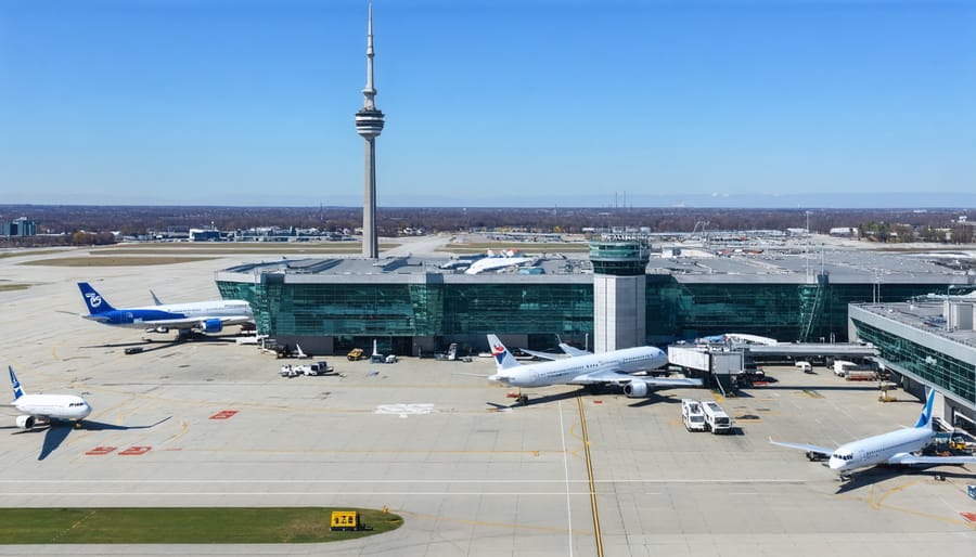 Bird's eye view of Toronto Pearson International Airport showing terminal buildings and aircraft