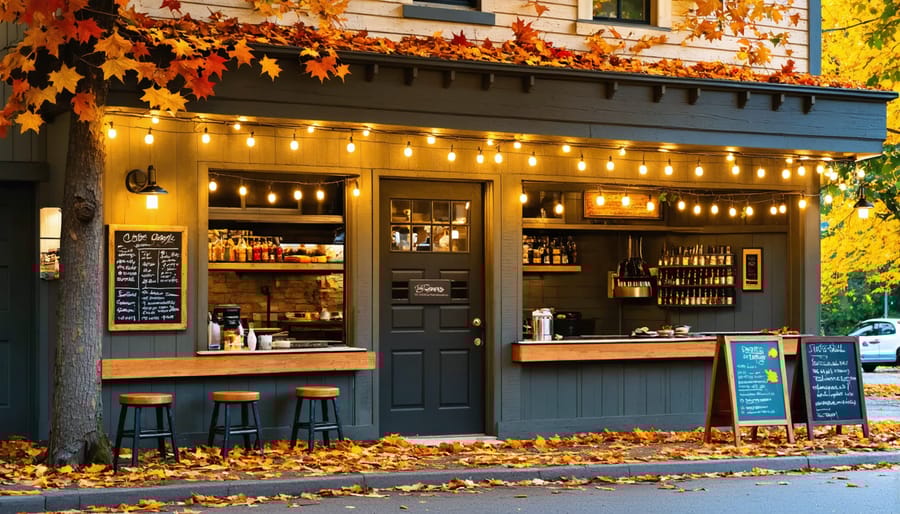 Charming exterior of trail-side restaurant with autumn decorations and hiking trail markers