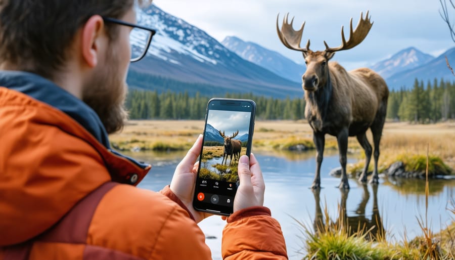 Hiker using wildlife recognition app to identify a moose in Ontario wilderness