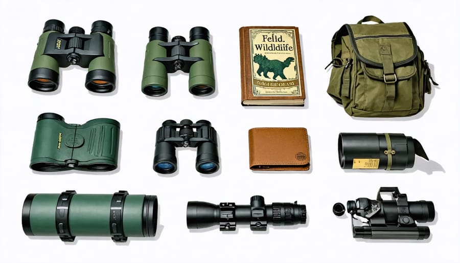 Organized display of recommended safety and viewing equipment for wildlife observation