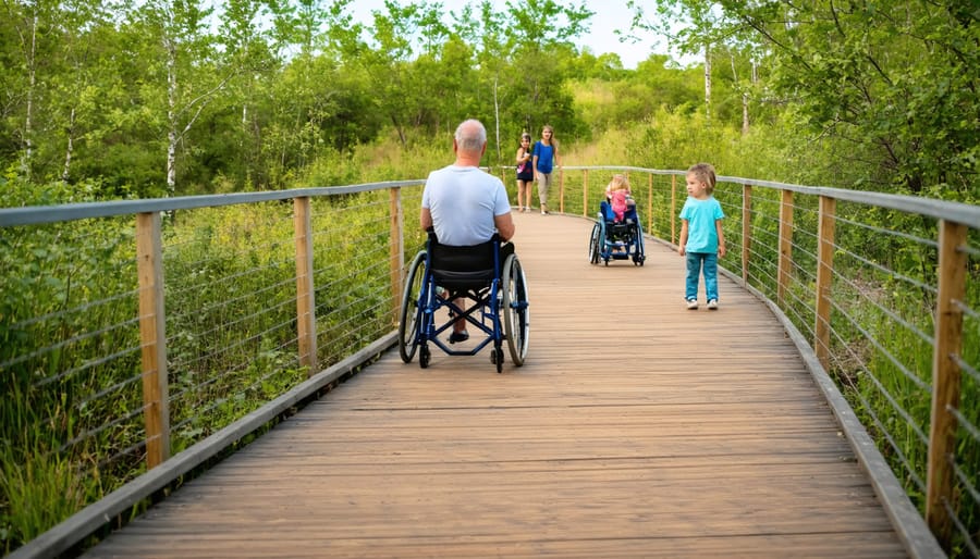 Wide wooden boardwalk with gentle slope through forest, featuring people using wheelchairs and walking alongside natural scenery