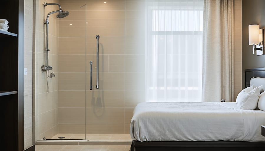 Spacious accessible hotel room with wheel-in shower, safety features, and modern amenities