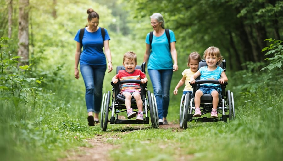 Families exploring a wheelchair-accessible nature trail with adaptive equipment and smiling park staff