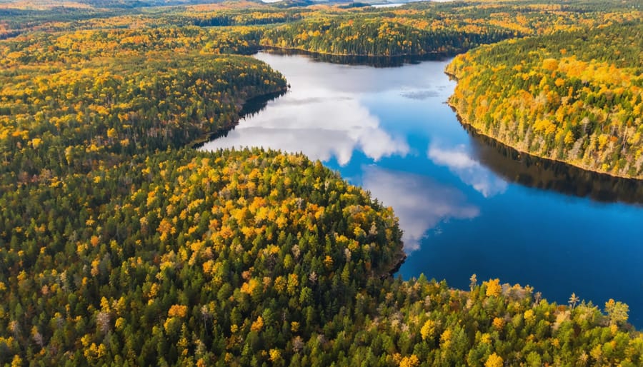 Panoramic view of Algonquin Park's colorful autumn landscape and waterways