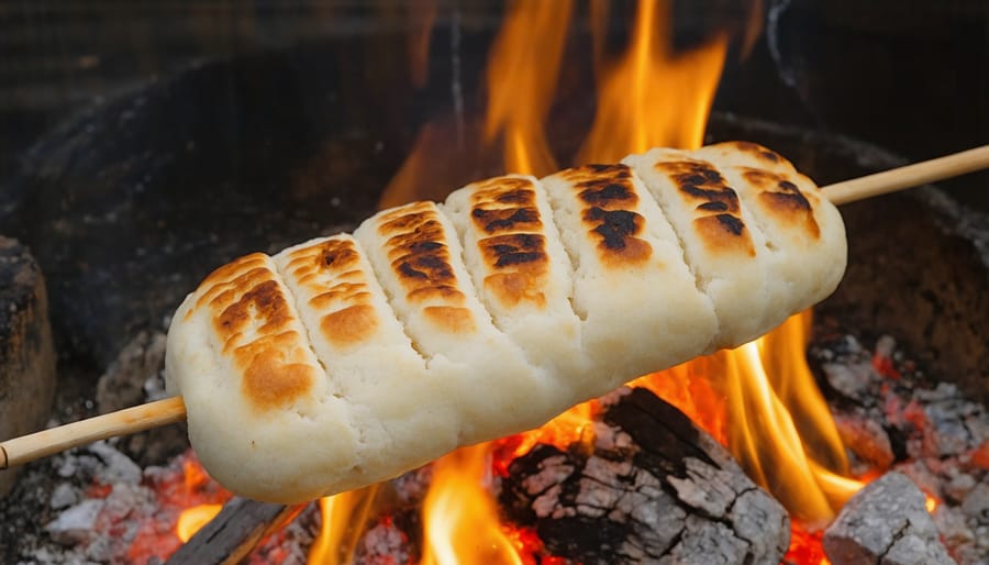 Traditional bannock bread wrapped around a wooden stick cooking over a campfire