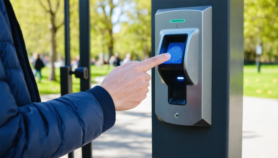 Visitor scanning their fingerprint at a park's biometric entry point