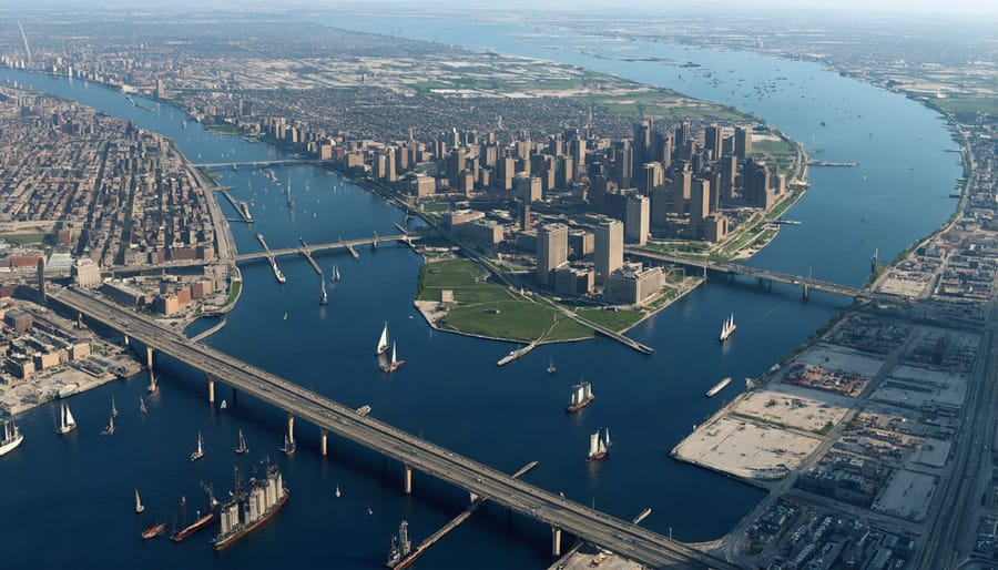 Aerial view of Detroit River showing historical battle locations and modern landmarks