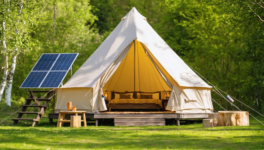 Sustainable glamping accommodation with green energy features in Ontario wilderness