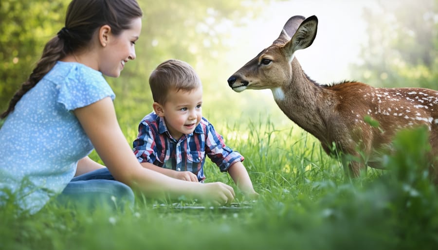 Parents and children learning wildlife tracking techniques from a zoo educator in an outdoor setting