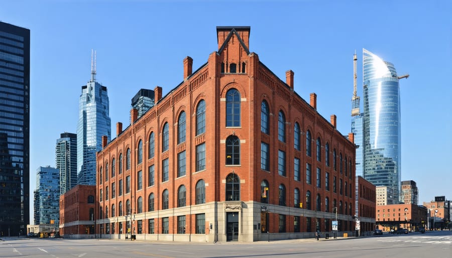 Toronto's historic Flatiron Gooderham Building contrasting with contemporary glass skyscrapers