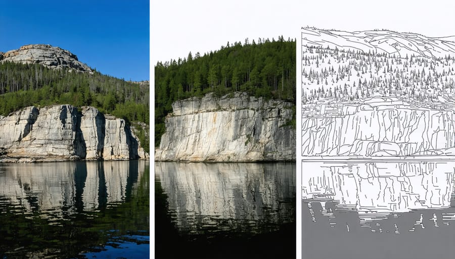Comparison between a Group of Seven landscape painting and its photographic reference of Killarney's white hills