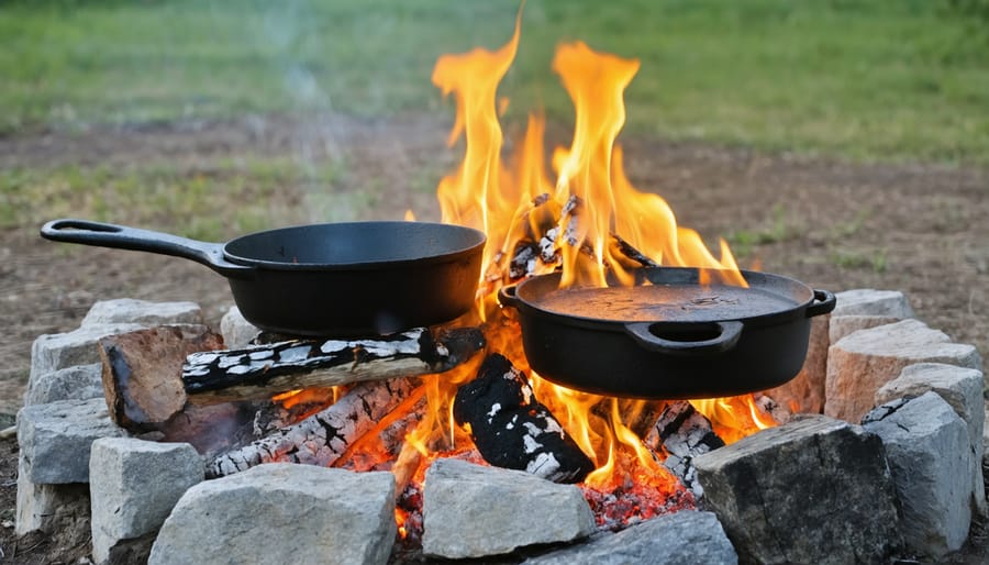 Traditional cast iron cookware arranged around a lit campfire in an outdoor setting