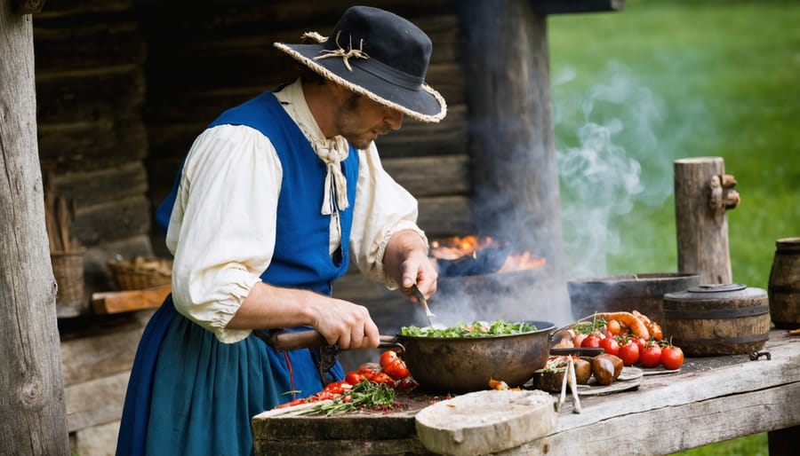 Person in 19th century clothing cooking over an open fire at a heritage demonstration site