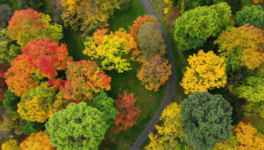 Bird's eye view of High Park's winding trails and fall foliage in Toronto