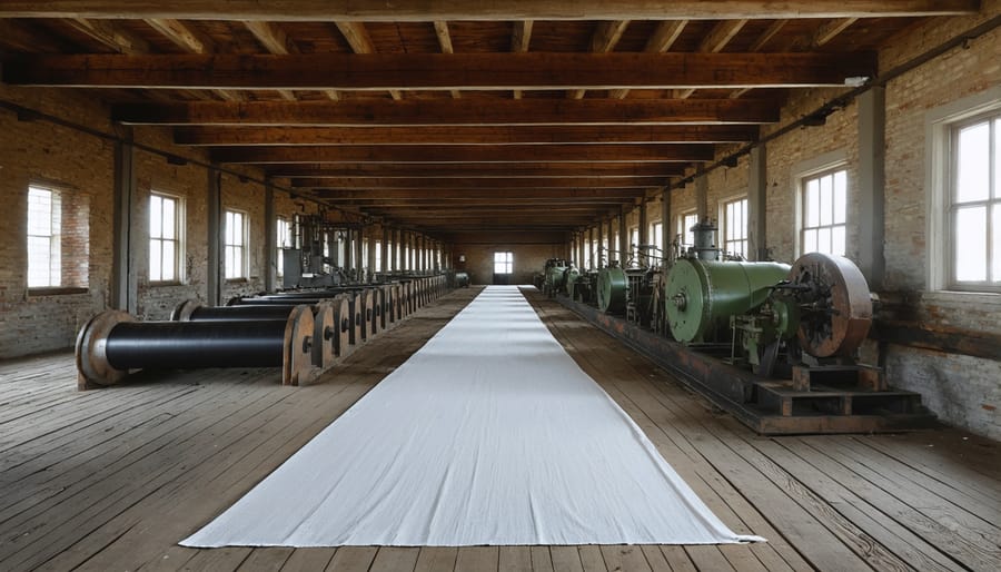 Restored industrial machinery and wooden beams inside a Victorian-era textile manufacturing facility